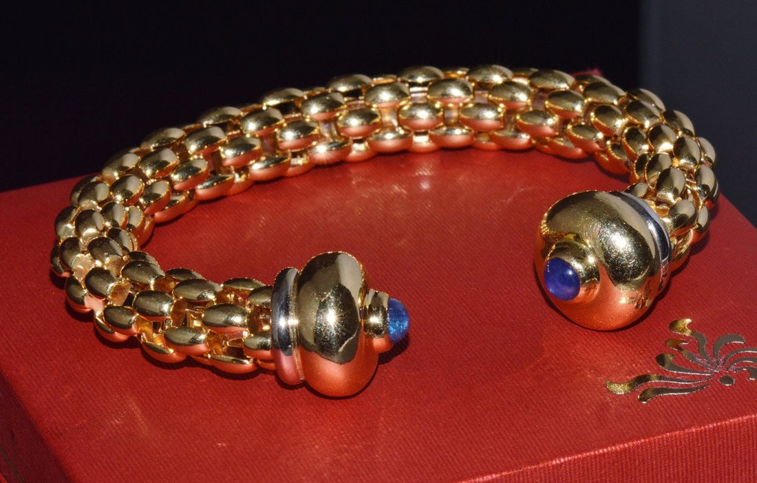 Vintage FOPE Flex'it 18K Gold Natural Blue Sapphire Open Cuff Bangle Bracelet