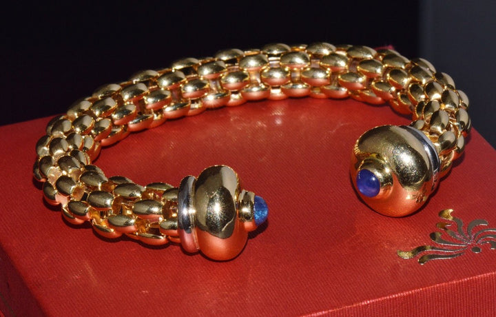 Vintage FOPE Flex'it 18K Gold Natural Blue Sapphire Open Cuff Bangle Bracelet