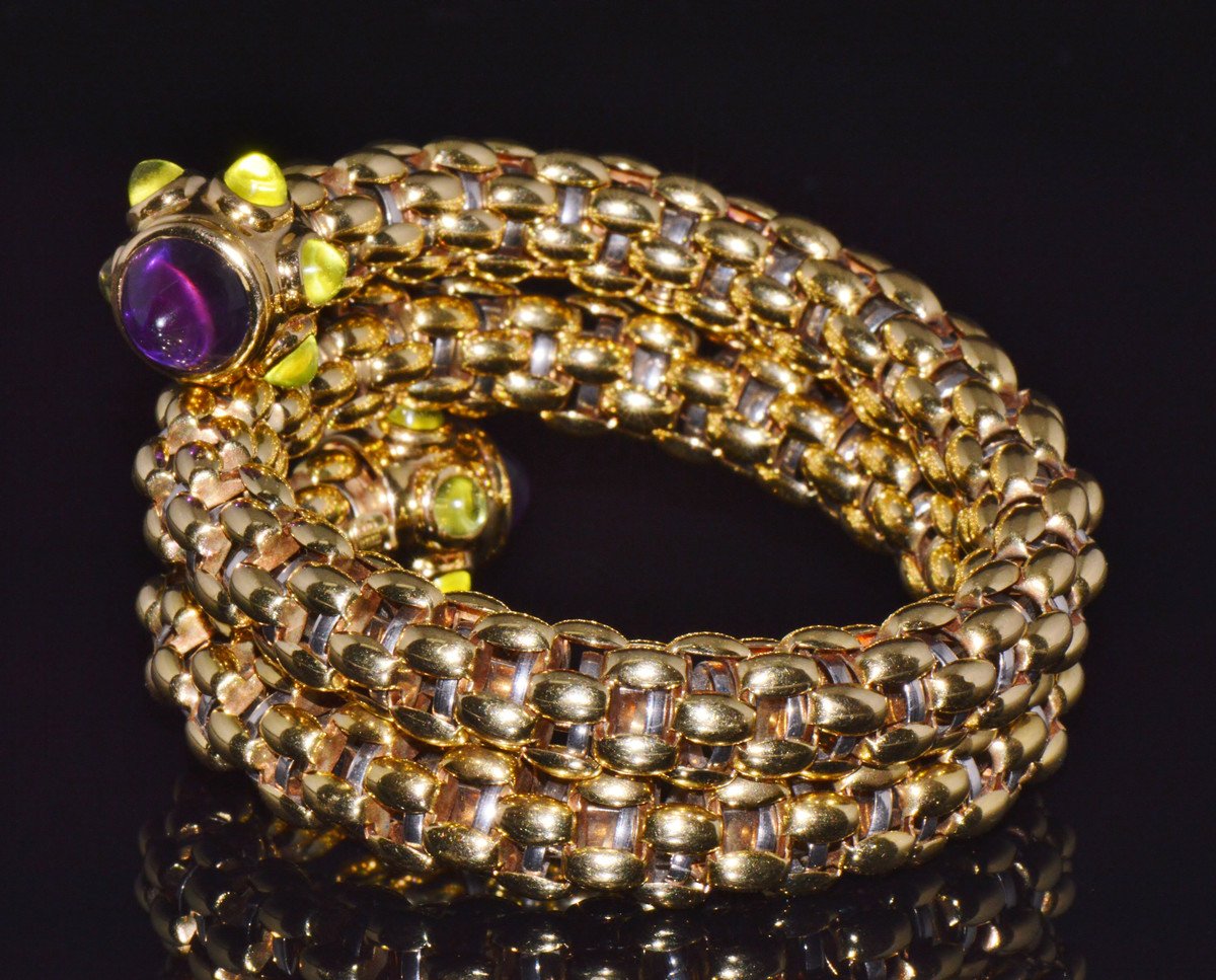 Rare Vintage FOPE 18K Gold Double Wrap Twist Snake Bracelet with Amethyst & Peridot