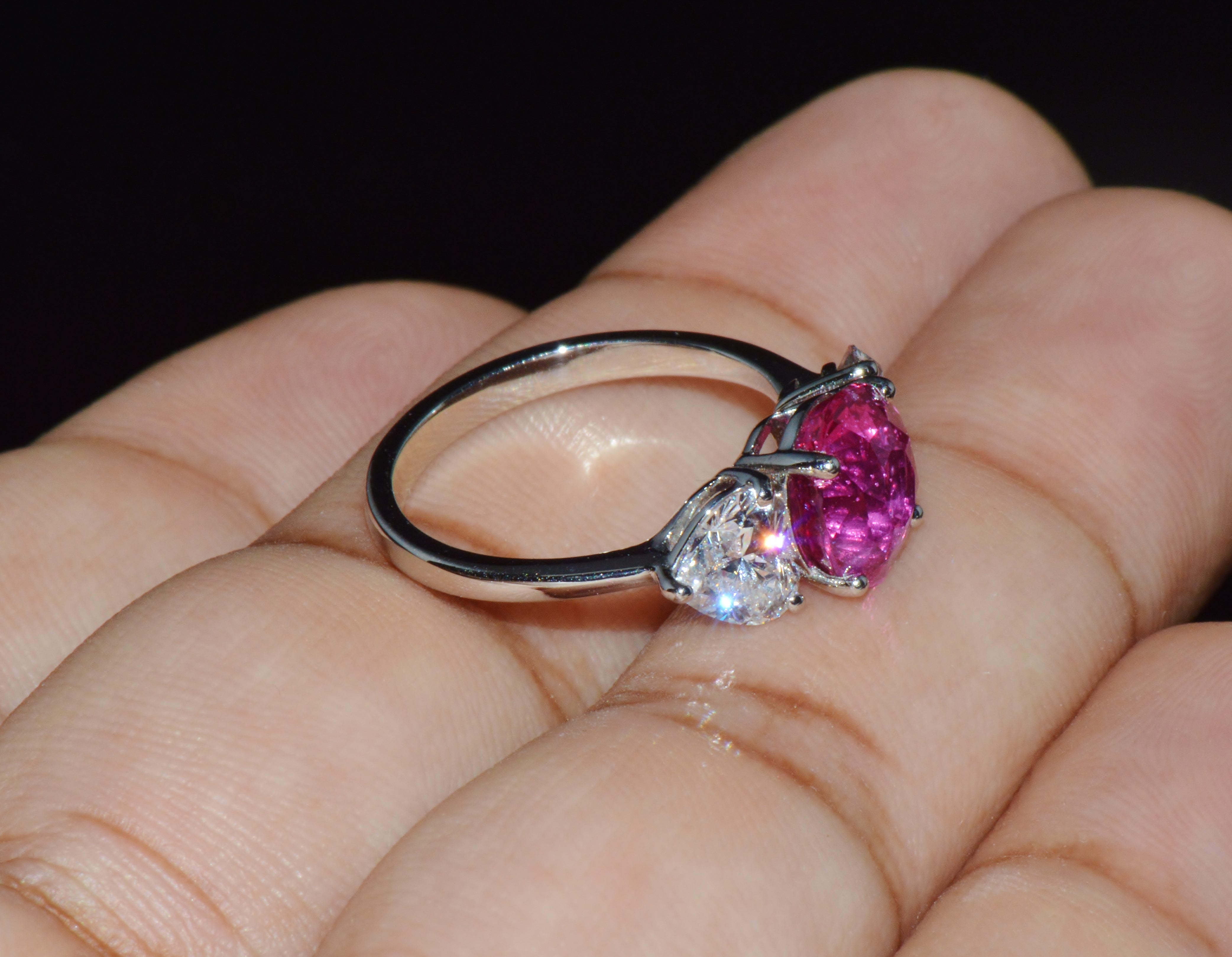 GIA 4.47Cts No-Heat Mozambique Ruby & D VVS2 Heart Diamond Platinum Three Stone Ring