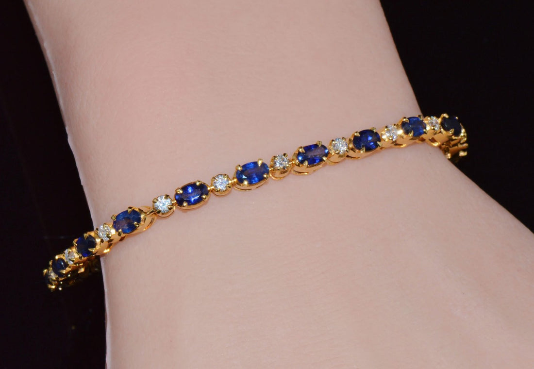 Certified Natural 7.09CT Blue Sapphire & Diamond Solid 18K Yellow Gold Tennis Stacking Bracelet