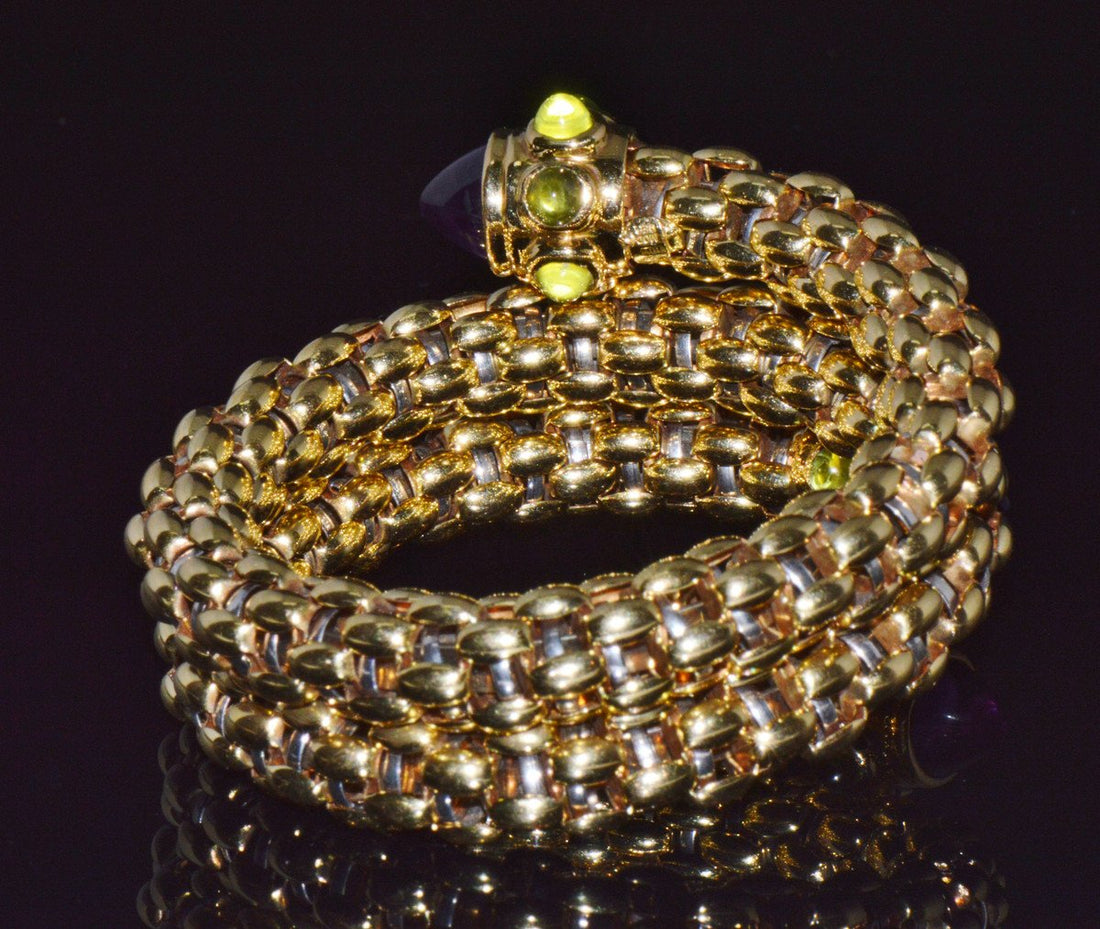Rare Vintage FOPE 18K Gold Double Wrap Twist Snake Bracelet with Amethyst & Peridot