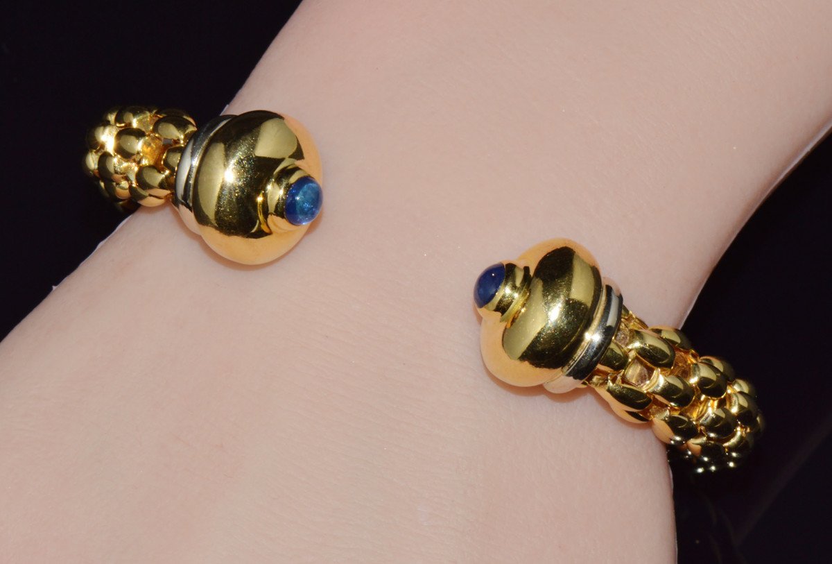 Vintage FOPE Flex'it 18K Gold Natural Blue Sapphire Open Cuff Bangle Bracelet