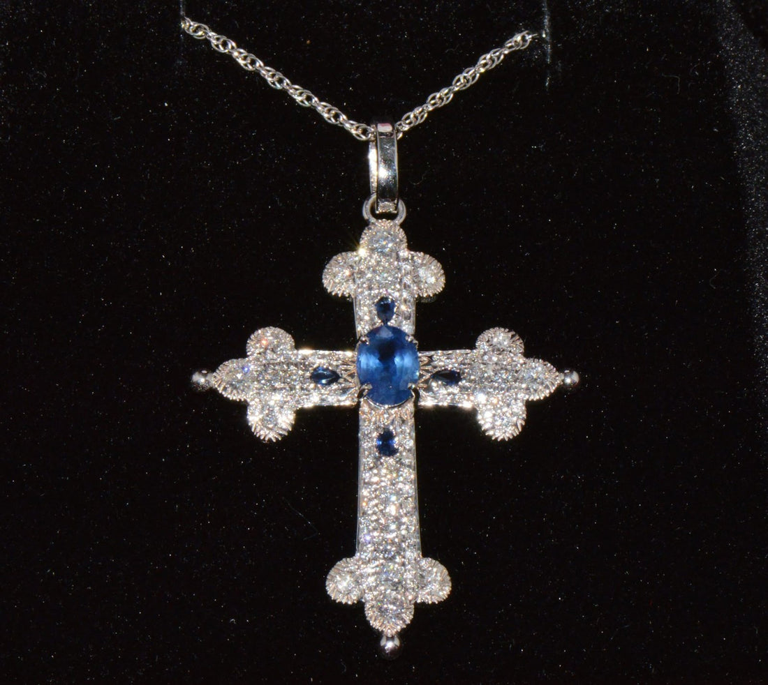 Certified Natural 2.15Cts VS F Diamond Sapphire 18K 750 Solid Gold Filigree Cross Pendant