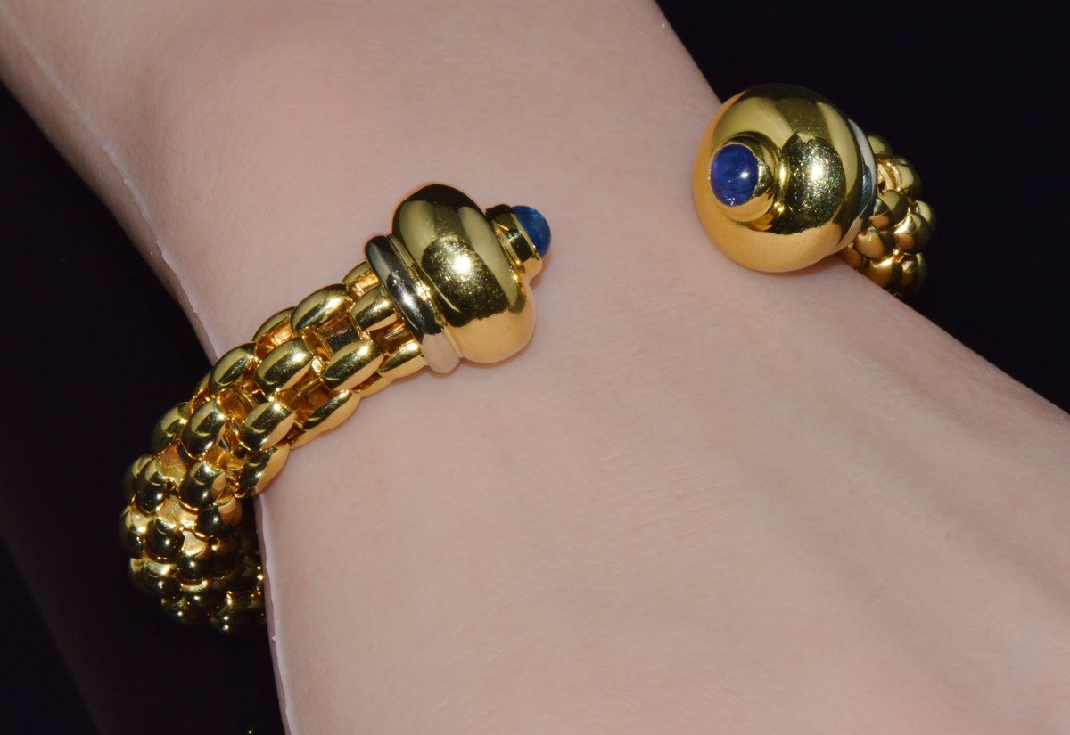 Vintage FOPE Flex'it 18K Gold Natural Blue Sapphire Open Cuff Bangle Bracelet