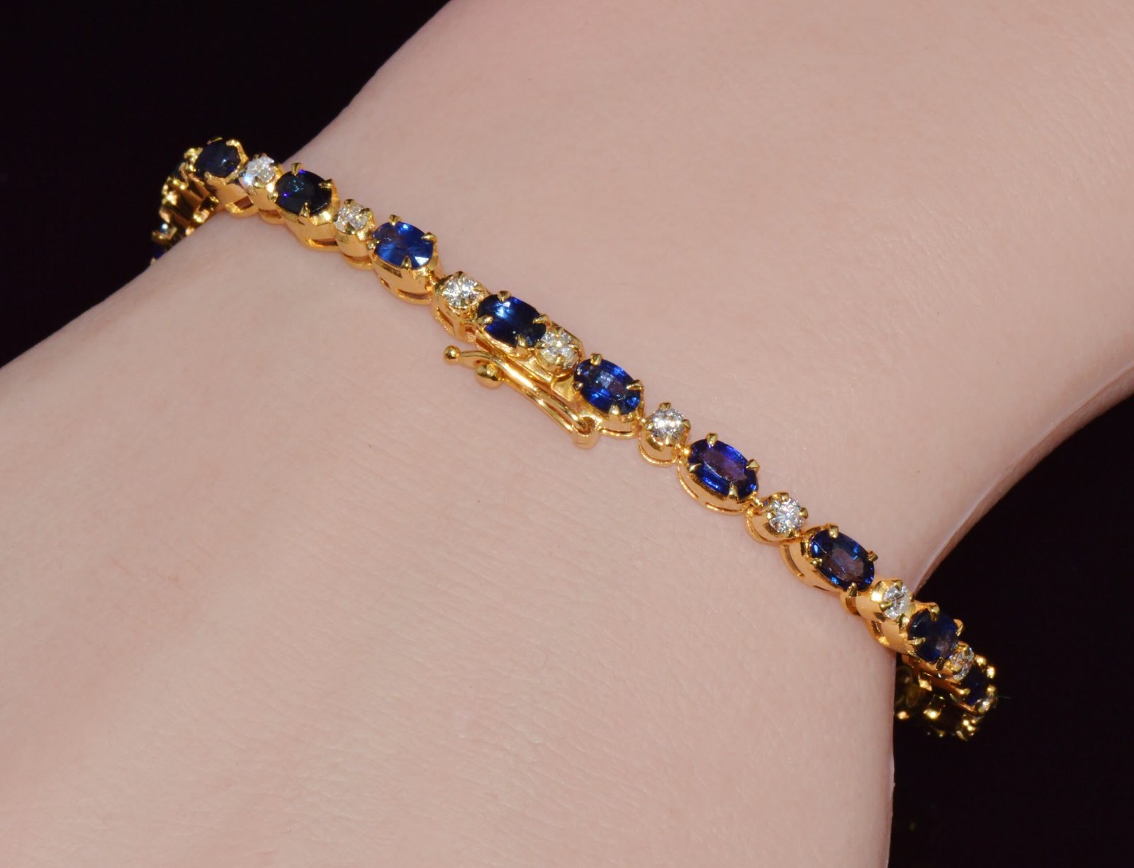 Certified Natural 7.09CT Blue Sapphire & Diamond Solid 18K Yellow Gold Tennis Stacking Bracelet