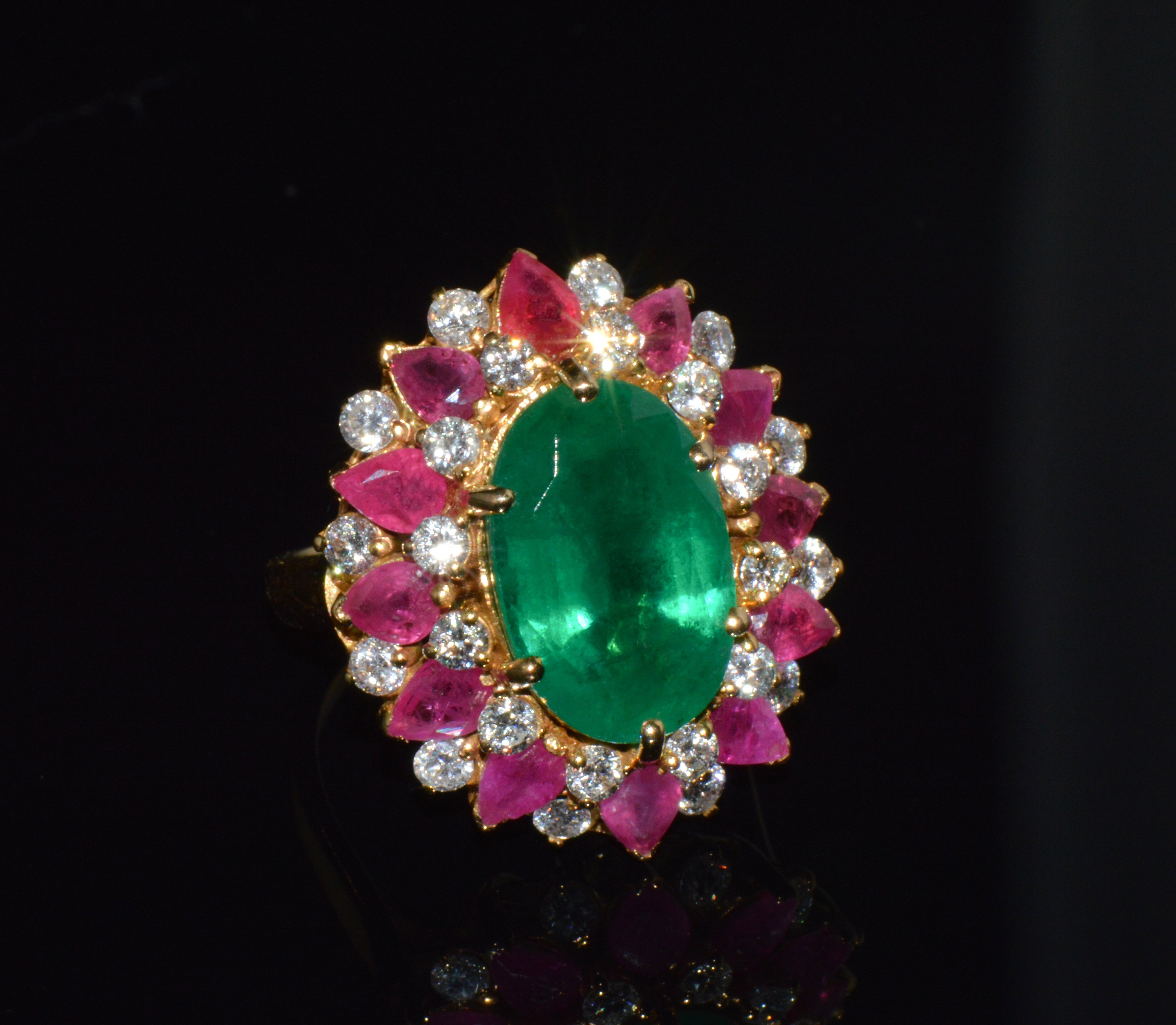GIA Certified 11.39Ct Zambian Emerald, Ruby & Diamond 18K Gold Cocktail Ring
