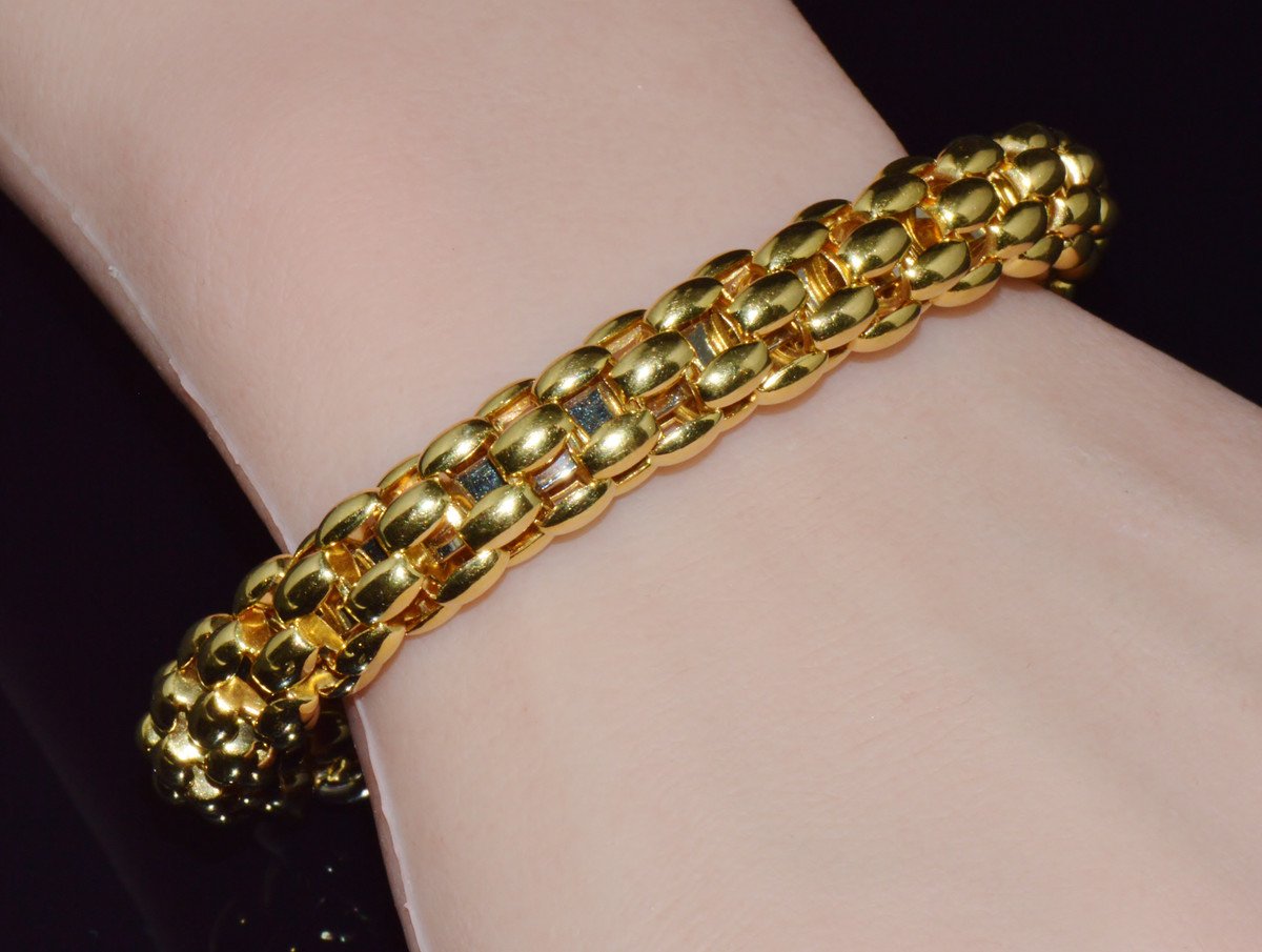 Vintage FOPE Flex'it 18K Gold Natural Blue Sapphire Open Cuff Bangle Bracelet