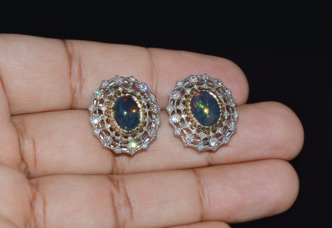 Certified Natural 4.41Cts VS F Diamond Black Opal 18K Solid Gold Cocktail Earrings
