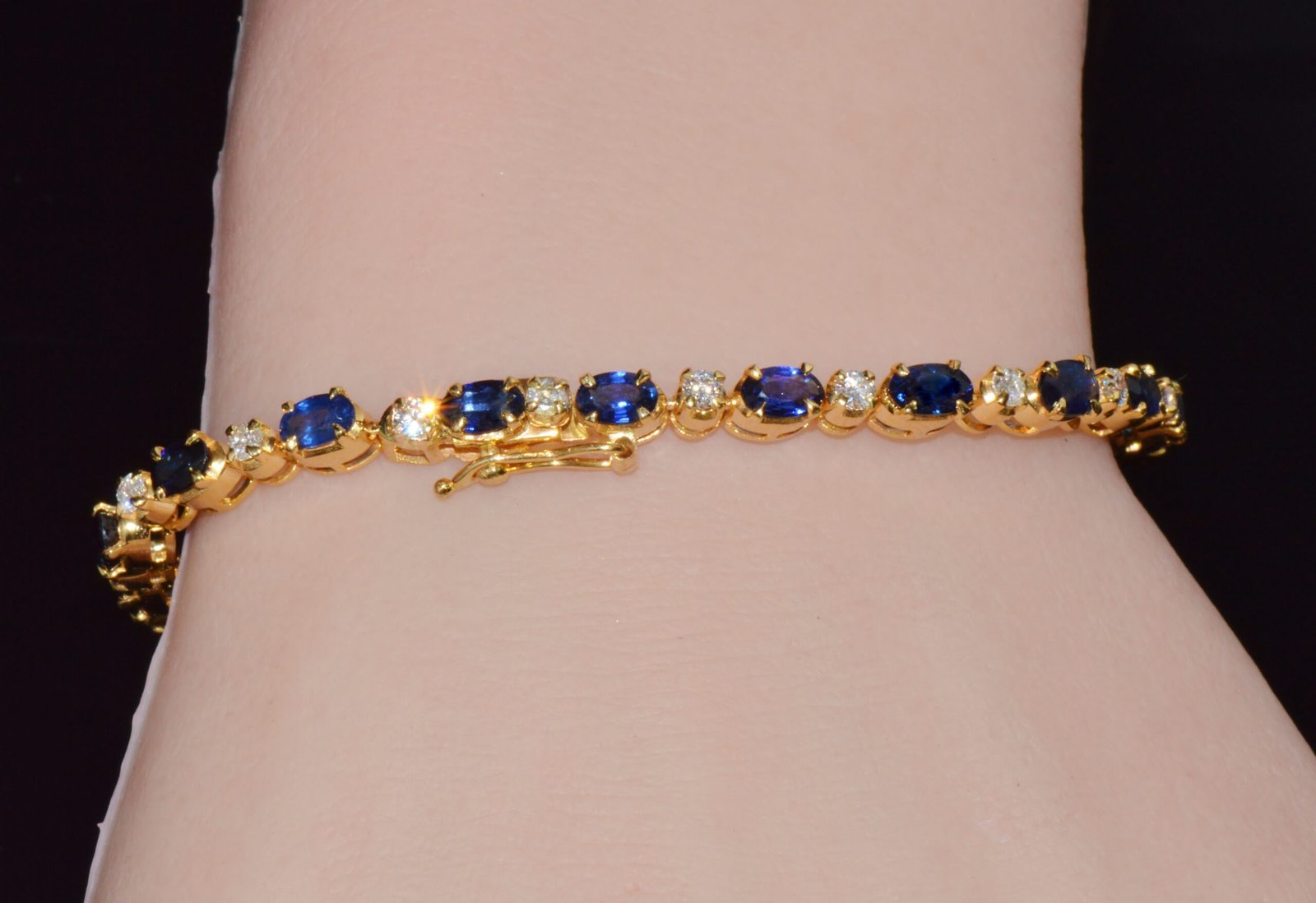 Certified Natural 7.09CT Blue Sapphire & Diamond Solid 18K Yellow Gold Tennis Stacking Bracelet