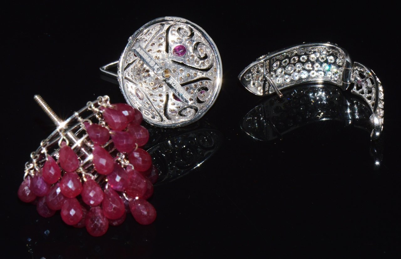Certified Natural 117.6Cts VS F Diamond Ruby 18K Solid Gold 3-IN-1 Chandelier Dangle Cluster Earrings