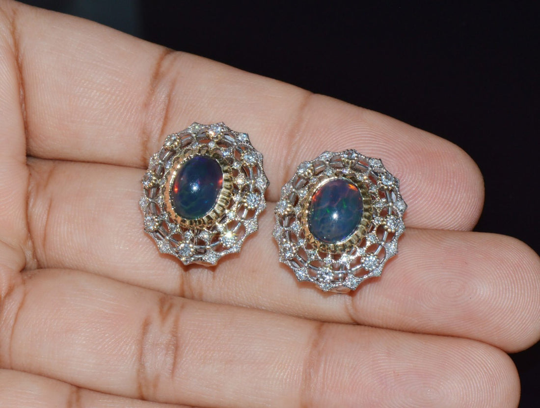 Certified Natural 4.41Cts VS F Diamond Black Opal 18K Solid Gold Cocktail Earrings