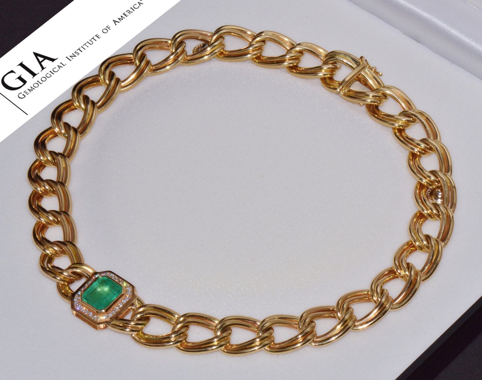 GIA Certified Natural 6.91Cts Colombian Emerald & Diamond 14K Italian Gold Statement Necklace