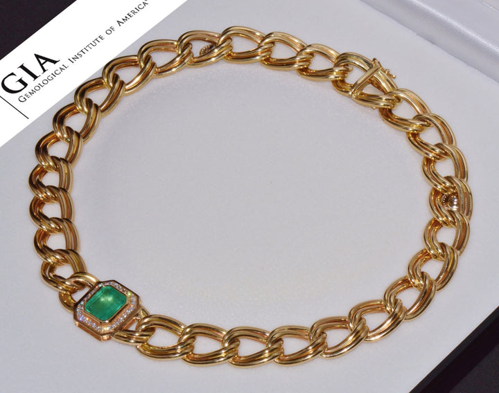 GIA Certified Natural 6.91Cts Colombian Emerald & Diamond 14K Italian Gold Statement Necklace