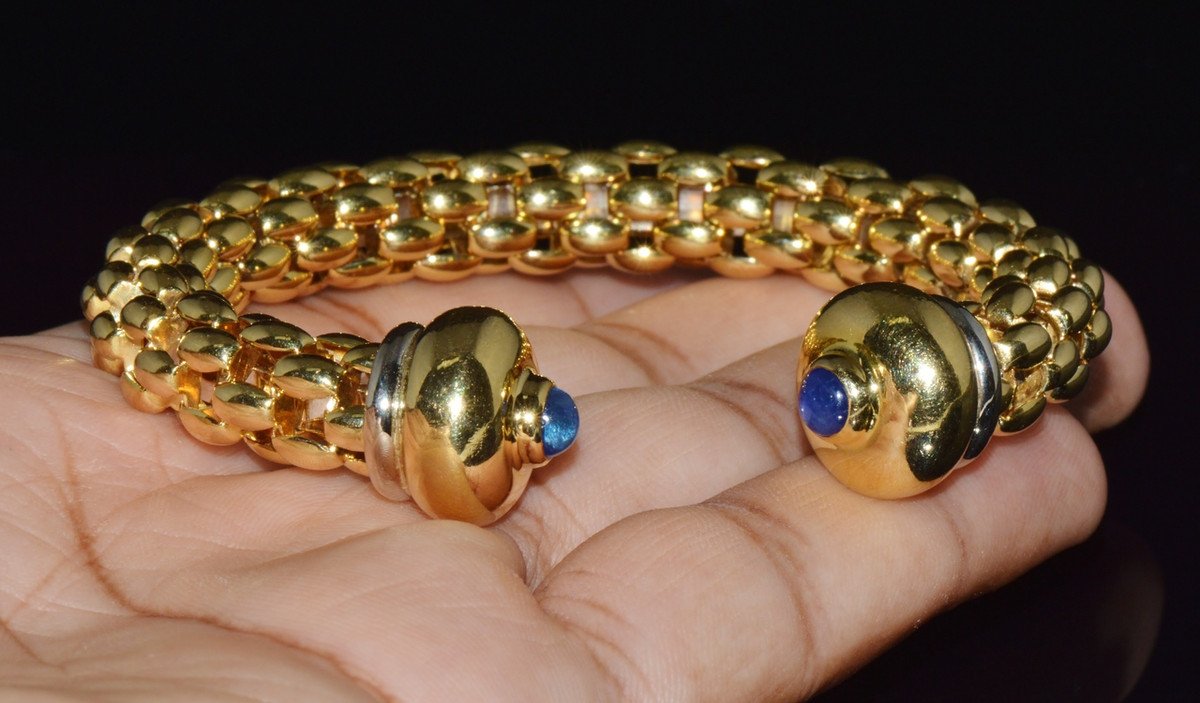 Vintage FOPE Flex'it 18K Gold Natural Blue Sapphire Open Cuff Bangle Bracelet