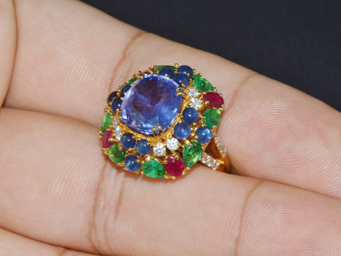 GIA Natural 11.84CTS VS F Diamond No Heat Sapphire Ruby Emerald 18K Gold Dinner Cocktail Ring