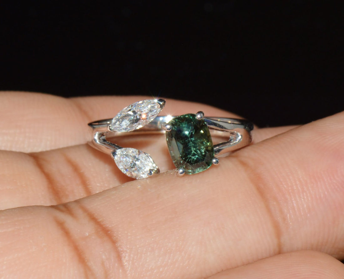 GIA Natural 2.10Cts VS F Diamond Unheated Bluish Green Sapphire 18K Gold Toi et Moi Bypass Ring