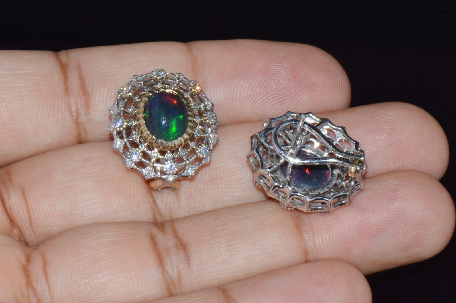 Certified Natural 4.41Cts VS F Diamond Black Opal 18K Solid Gold Cocktail Earrings
