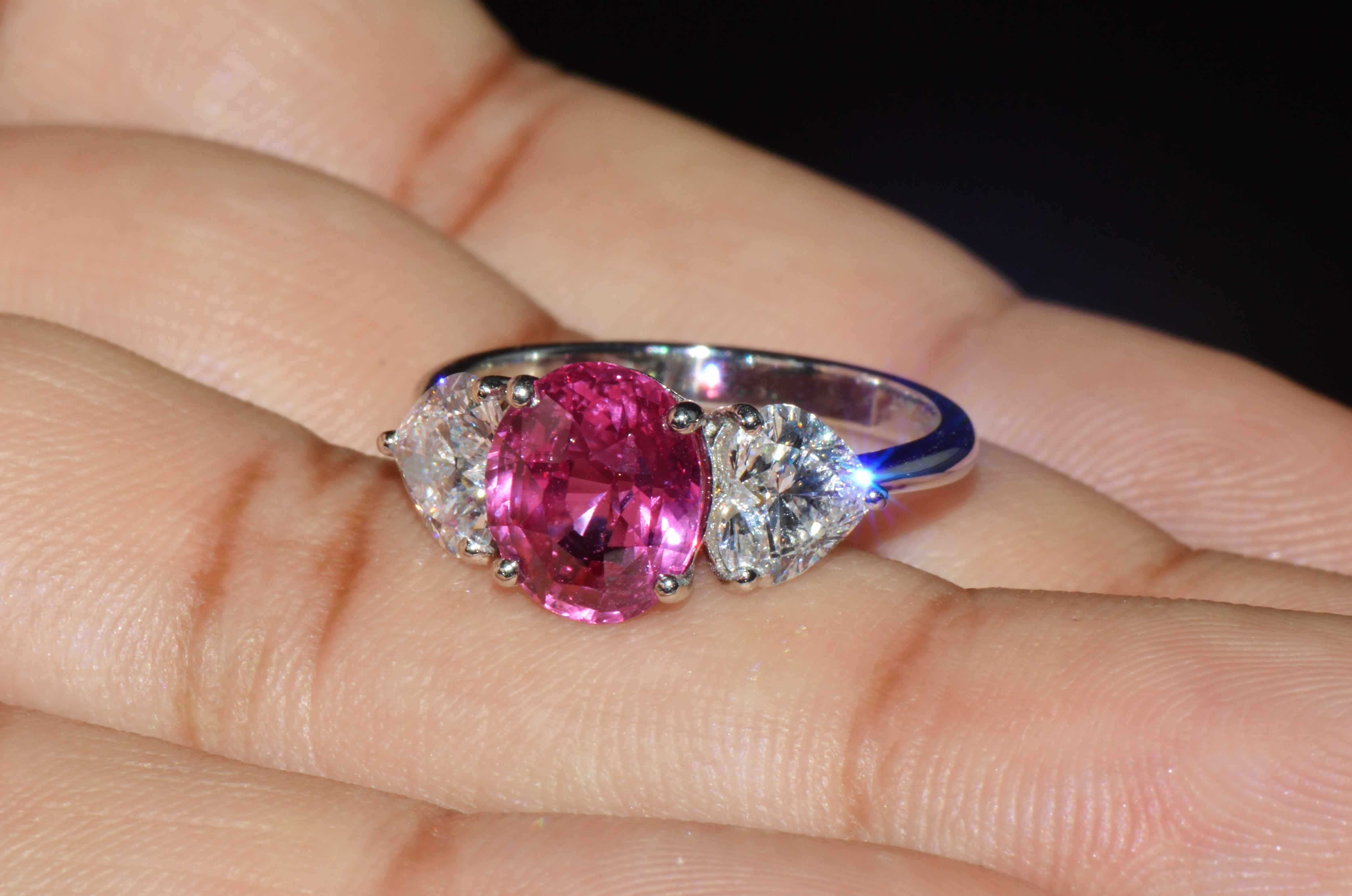 GIA 4.47Cts No-Heat Mozambique Ruby & D VVS2 Heart Diamond Platinum Three Stone Ring