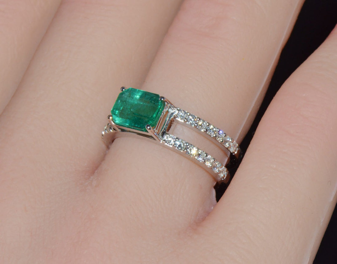 Certified Natural 1.84CTS Emerald & Diamond 18K White Gold Double Shank Ring