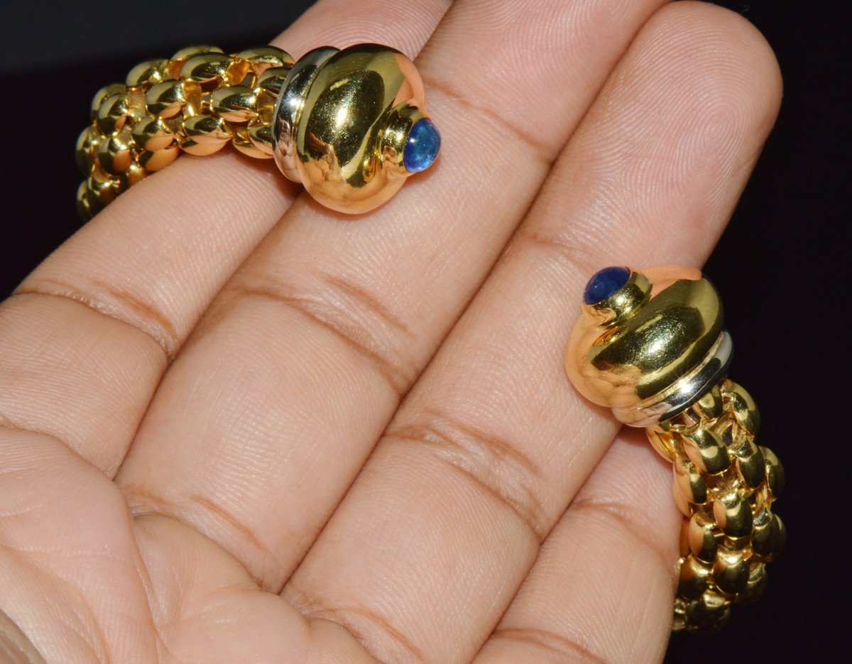 Vintage FOPE Flex'it 18K Gold Natural Blue Sapphire Open Cuff Bangle Bracelet