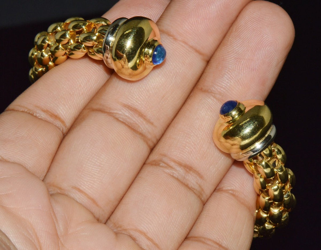 Vintage FOPE Flex'it 18K Gold Natural Blue Sapphire Open Cuff Bangle Bracelet