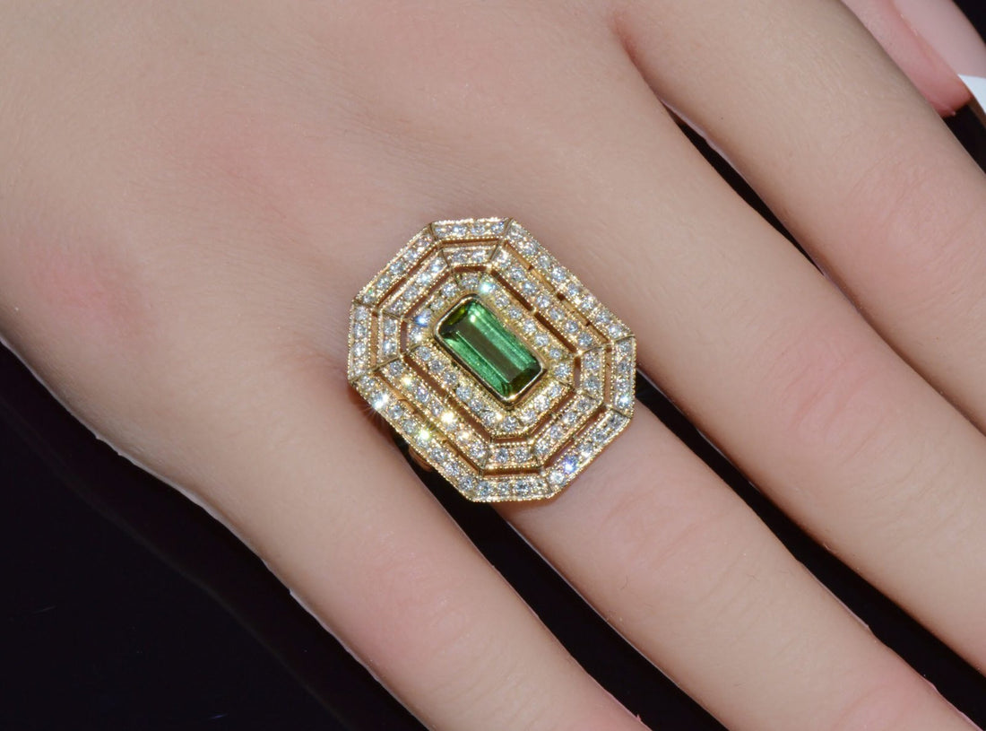 Certified Natural 2.82CTS VS F Diamond Green Tourmaline 750 18K Solid Gold Milgrain Cocktail Ring