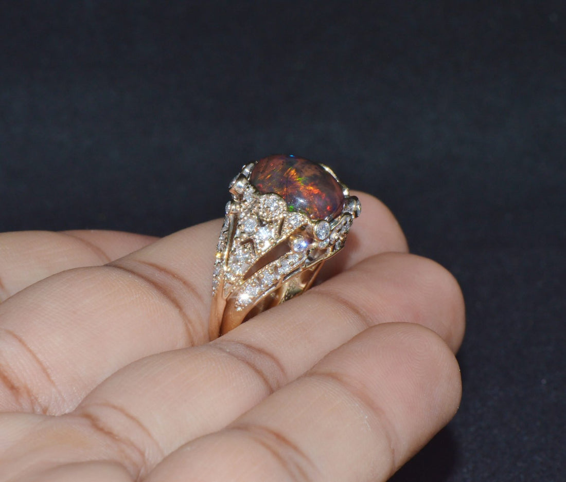 Certified Natural 2.75Cts VS F Diamond Black Opal 18K Solid Gold Bombay Dome Ring