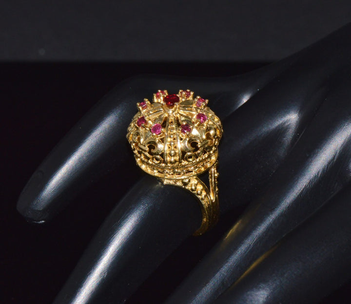 Vintage Franklin Mint Natural Ruby 18K 750 Solid Gold Etruscan Crown Dome Ring