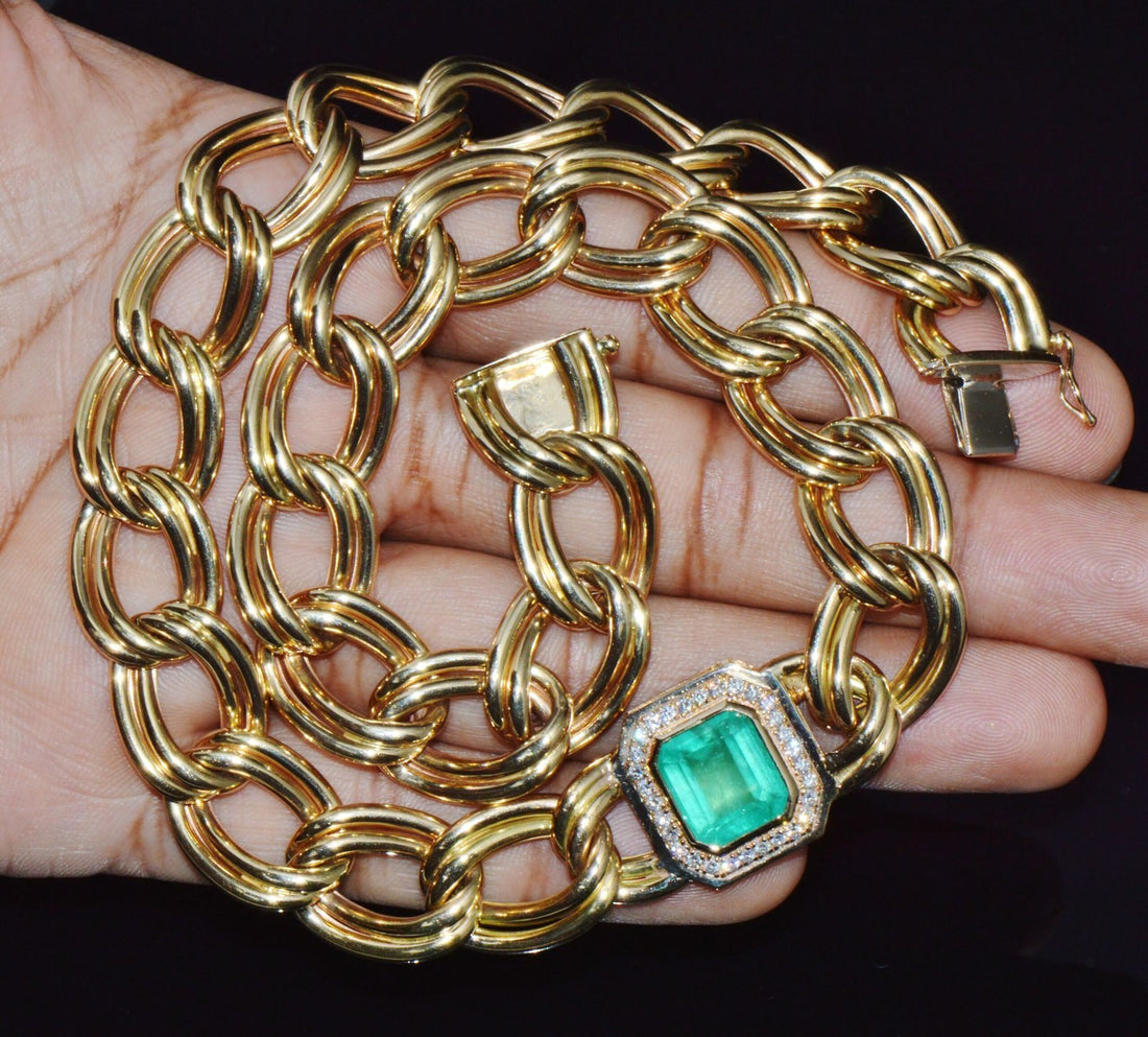GIA Certified Natural 6.91Cts Colombian Emerald & Diamond 14K Italian Gold Statement Necklace