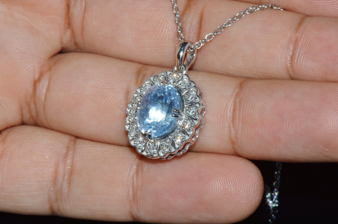 GIA Certified Natural 7.98CTS VS F Diamond Blue Sapphire 18K Solid Gold Slide Pendant Necklace