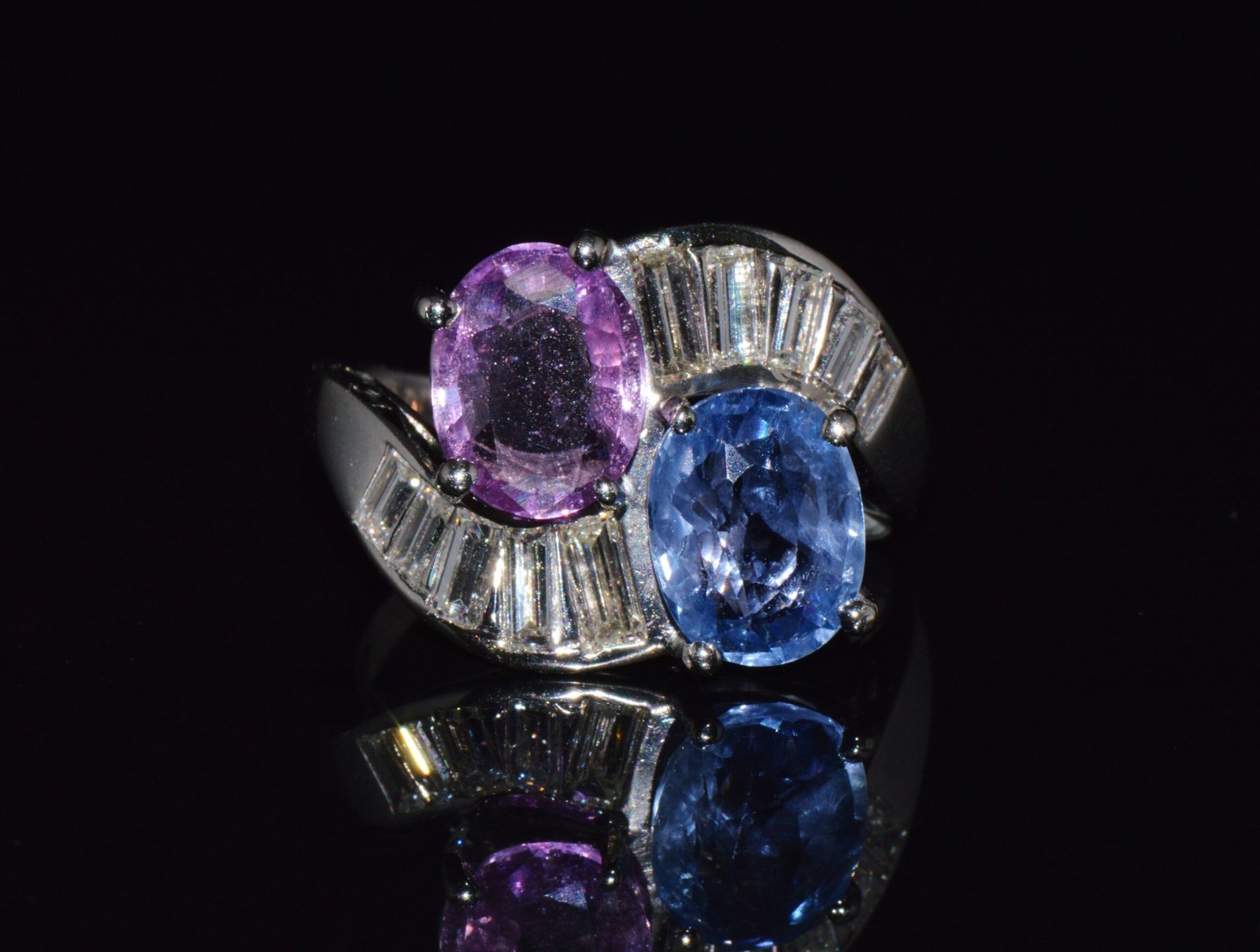 GIA Natural 6.24CTS VS F Diamond Blue And Pink Sapphire Platinum Bypass Ring Band