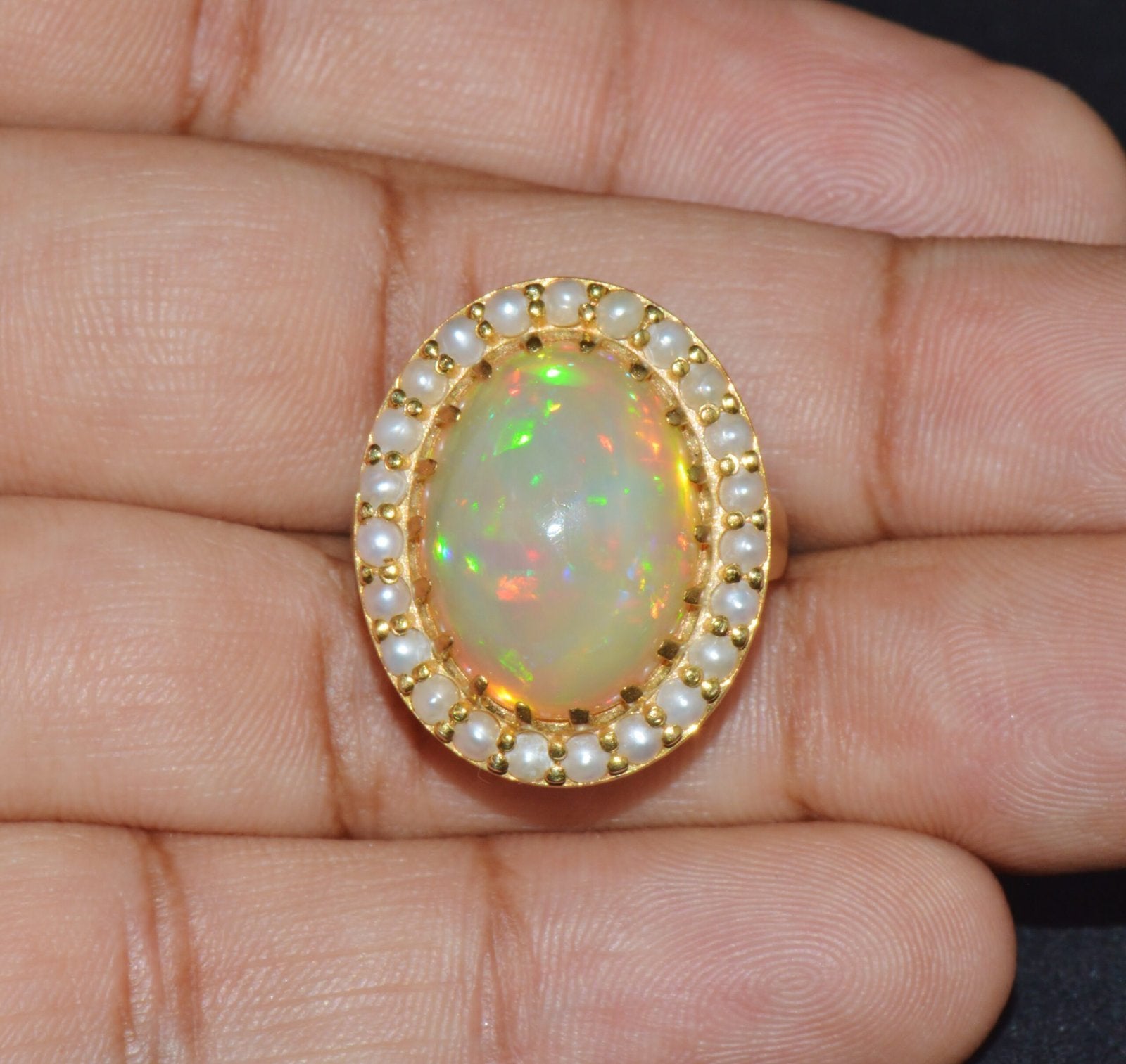 Certified Natural 13.78Cts Seed Pearl Opal Cocktail Halo Brushed 18K Solid Gold Ring