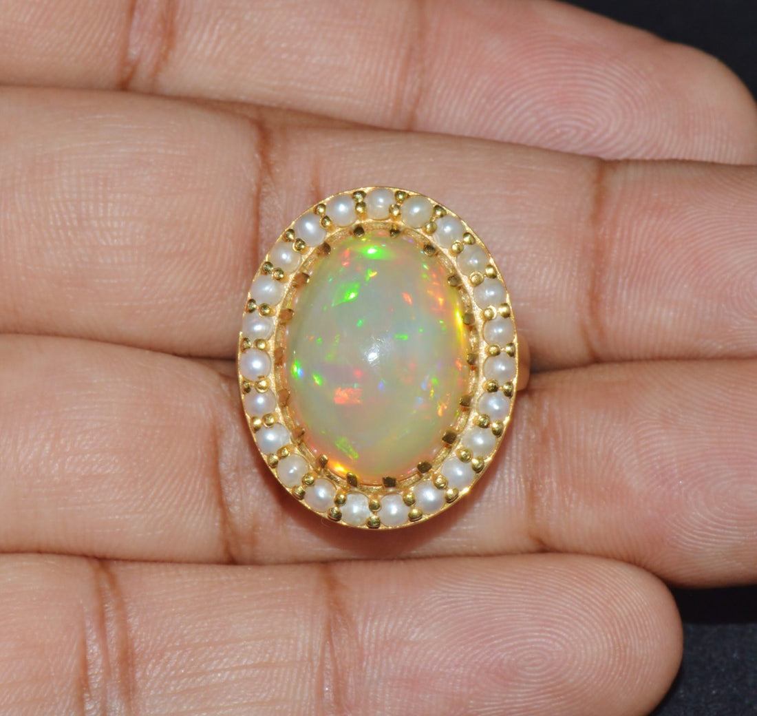 Certified Natural 13.78Cts Seed Pearl Opal Cocktail Halo Brushed 18K Solid Gold Ring