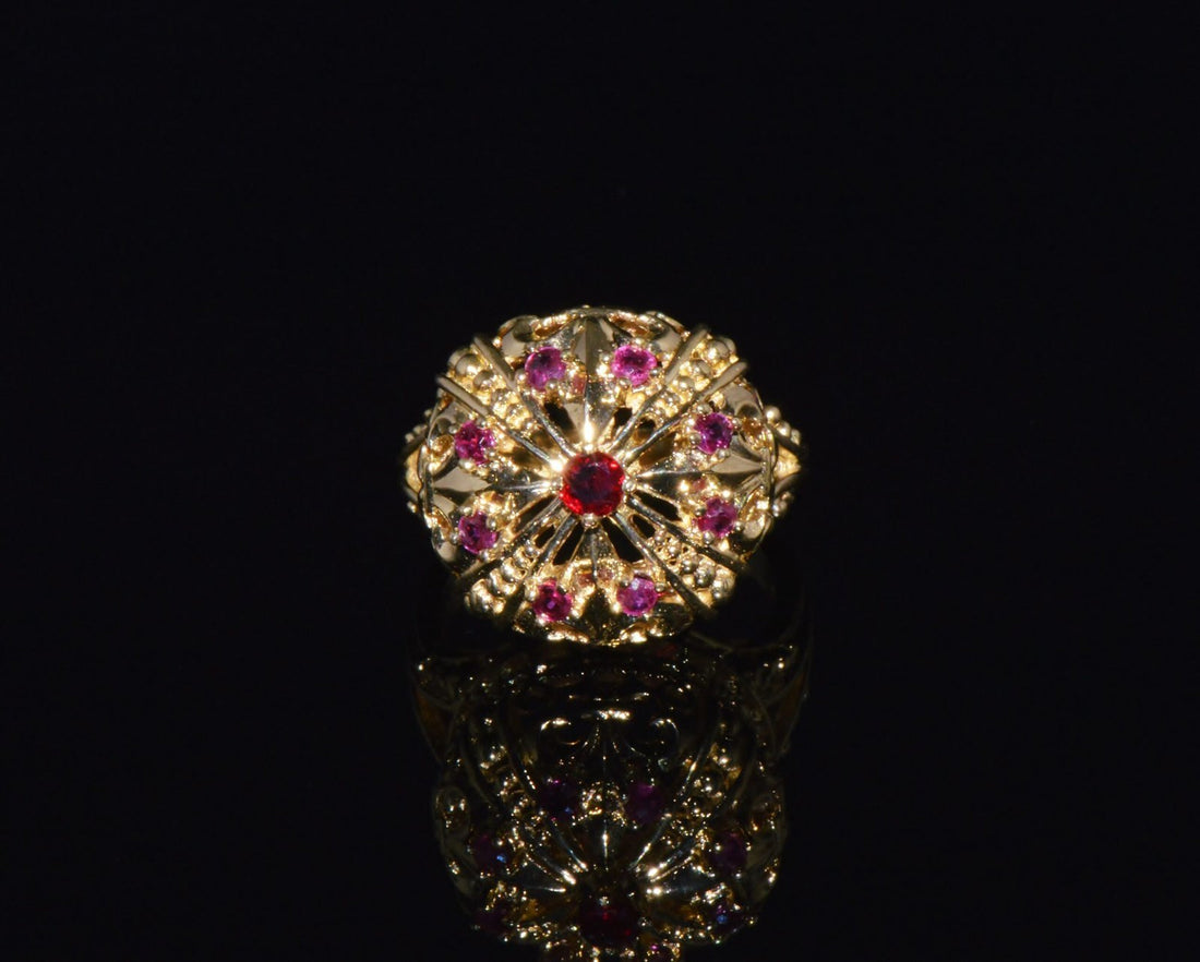 Vintage Franklin Mint Natural Ruby 18K 750 Solid Gold Etruscan Crown Dome Ring