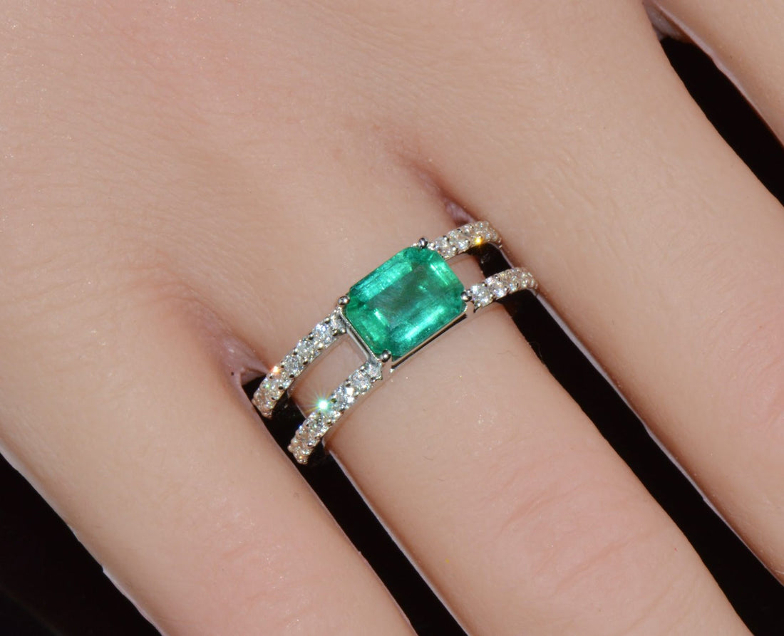 Certified Natural 1.84CTS Emerald & Diamond 18K White Gold Double Shank Ring