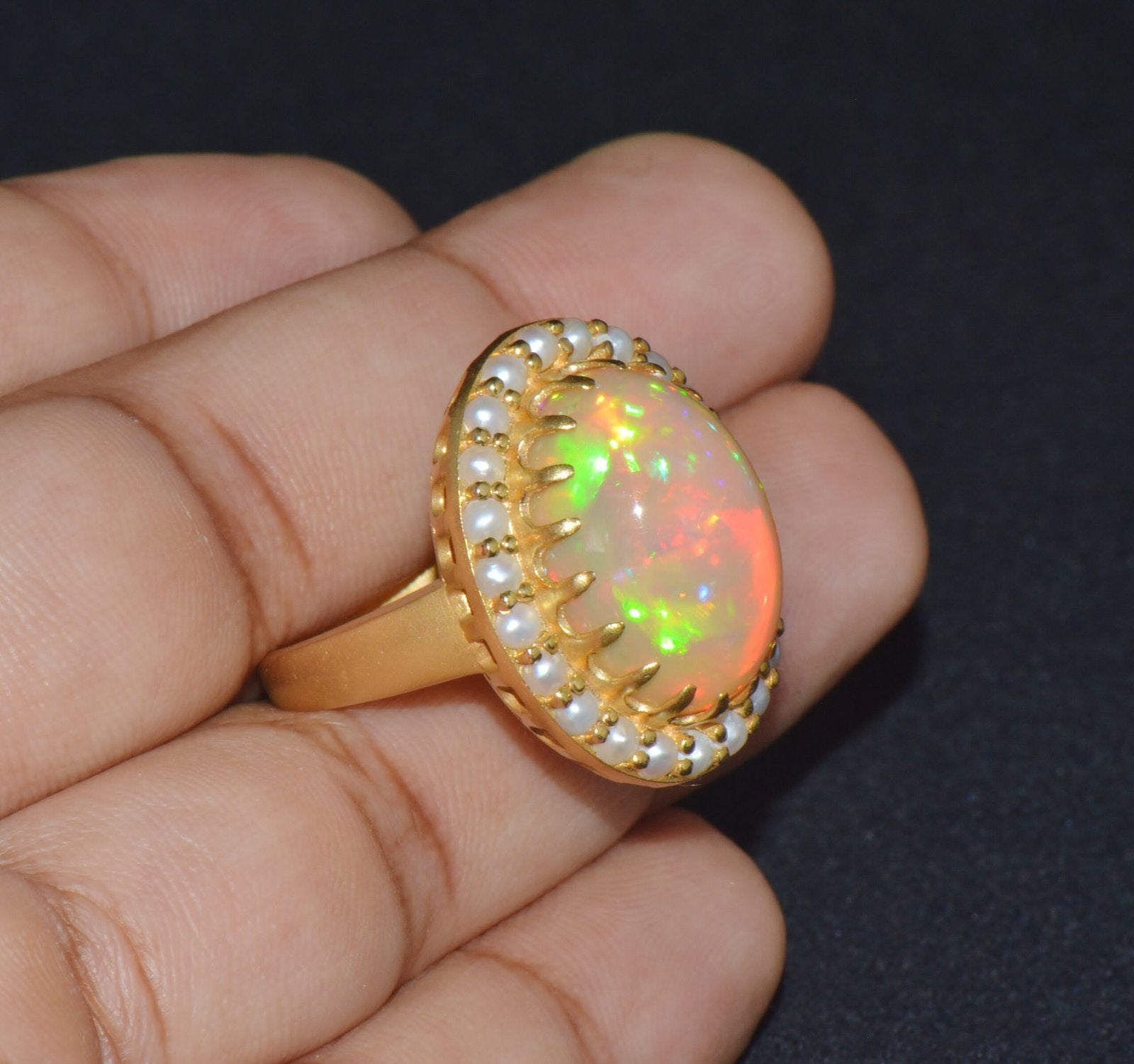Certified Natural 13.78Cts Seed Pearl Opal Cocktail Halo Brushed 18K Solid Gold Ring