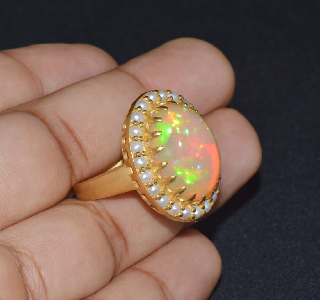 Certified Natural 13.78Cts Seed Pearl Opal Cocktail Halo Brushed 18K Solid Gold Ring