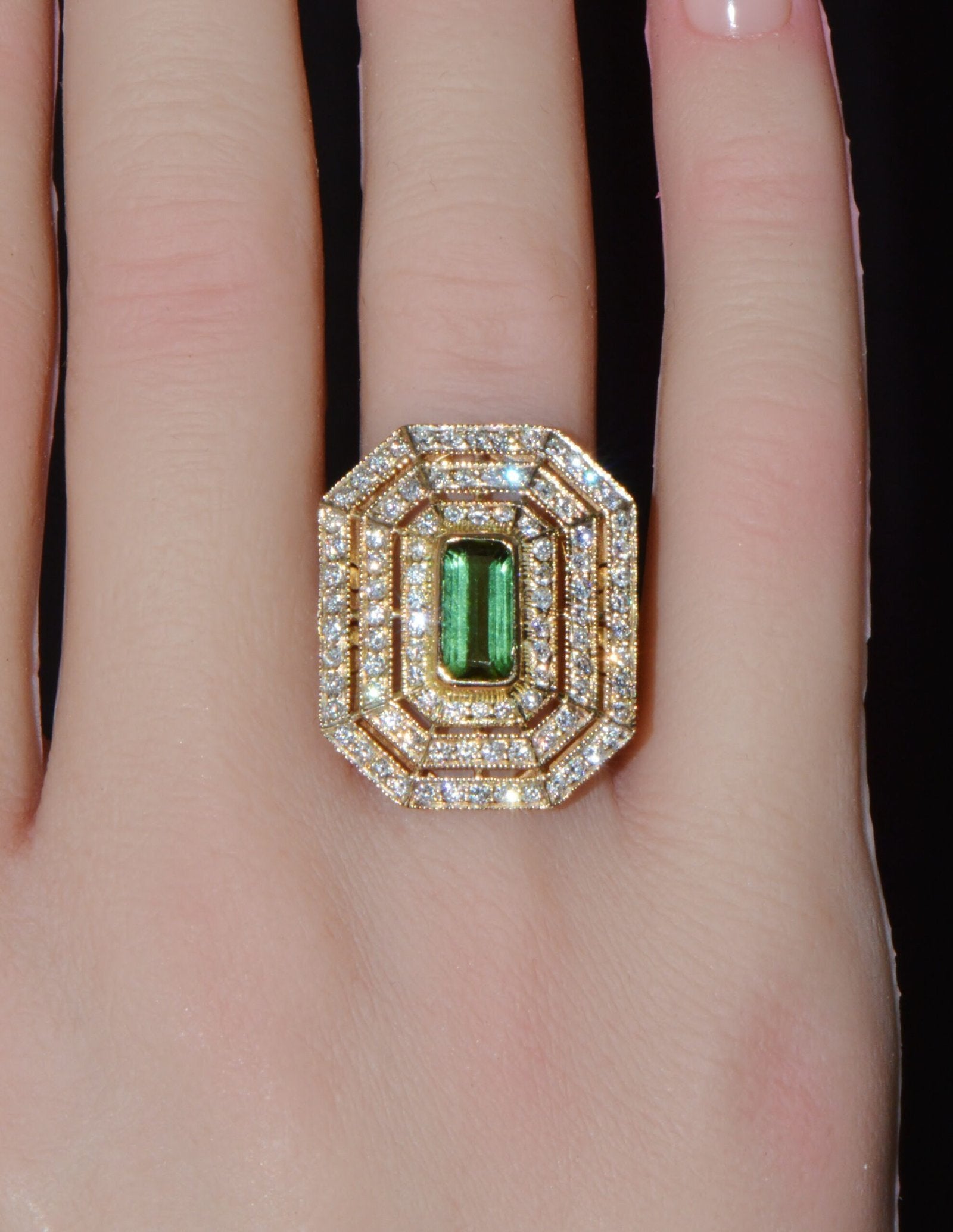 Certified Natural 2.82CTS VS F Diamond Green Tourmaline 750 18K Solid Gold Milgrain Cocktail Ring