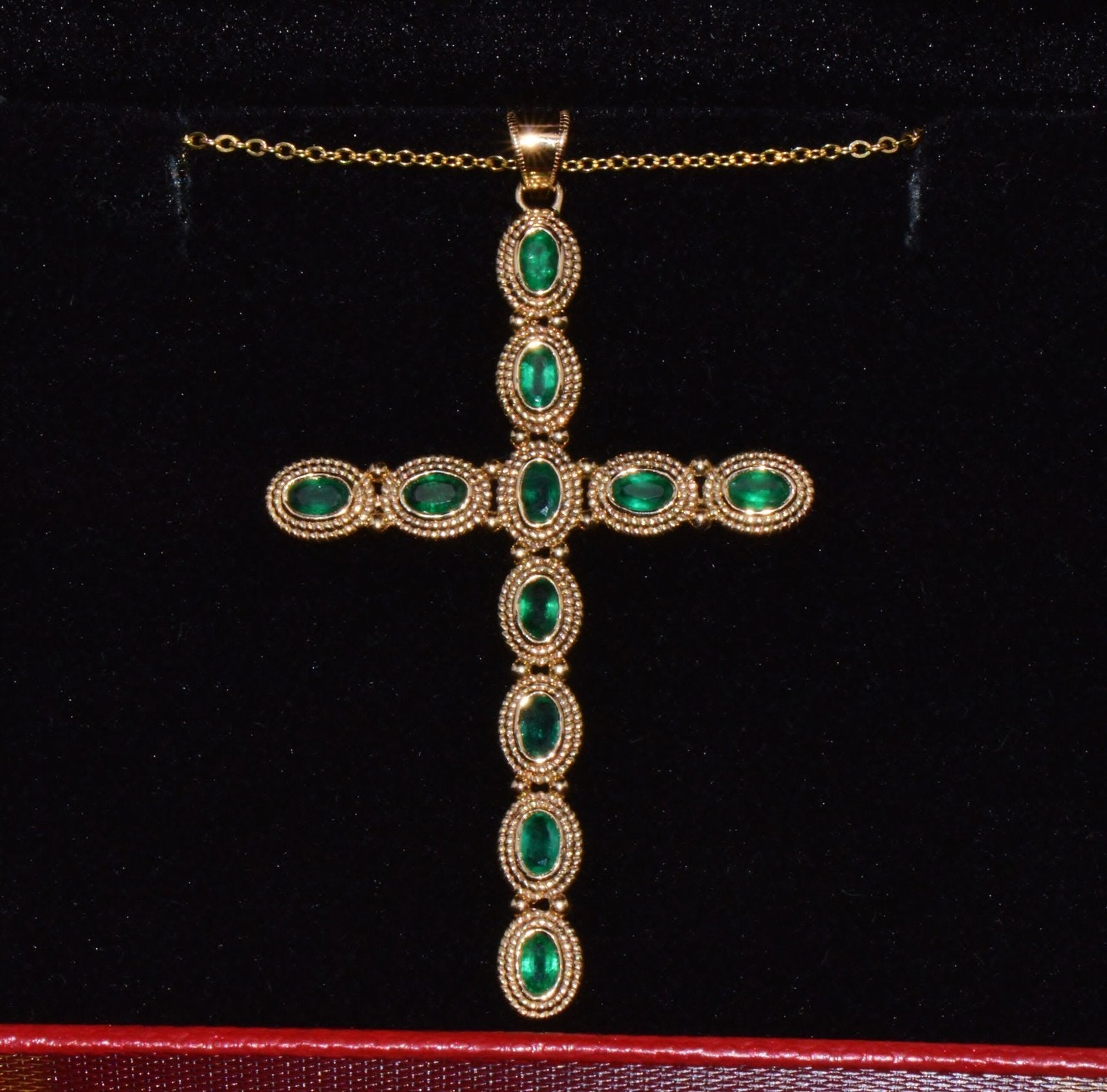 Certified Natural 2.78Cts Emerald 18K 750 Solid Gold Filigree Cross Byzantine Etruscan Pendant