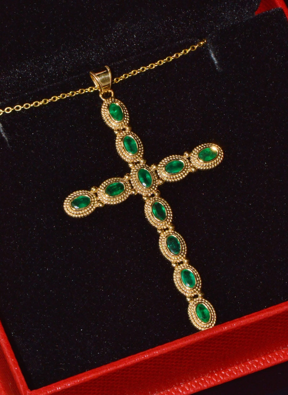Certified Natural 2.78Cts Emerald 18K 750 Solid Gold Filigree Cross Byzantine Etruscan Pendant