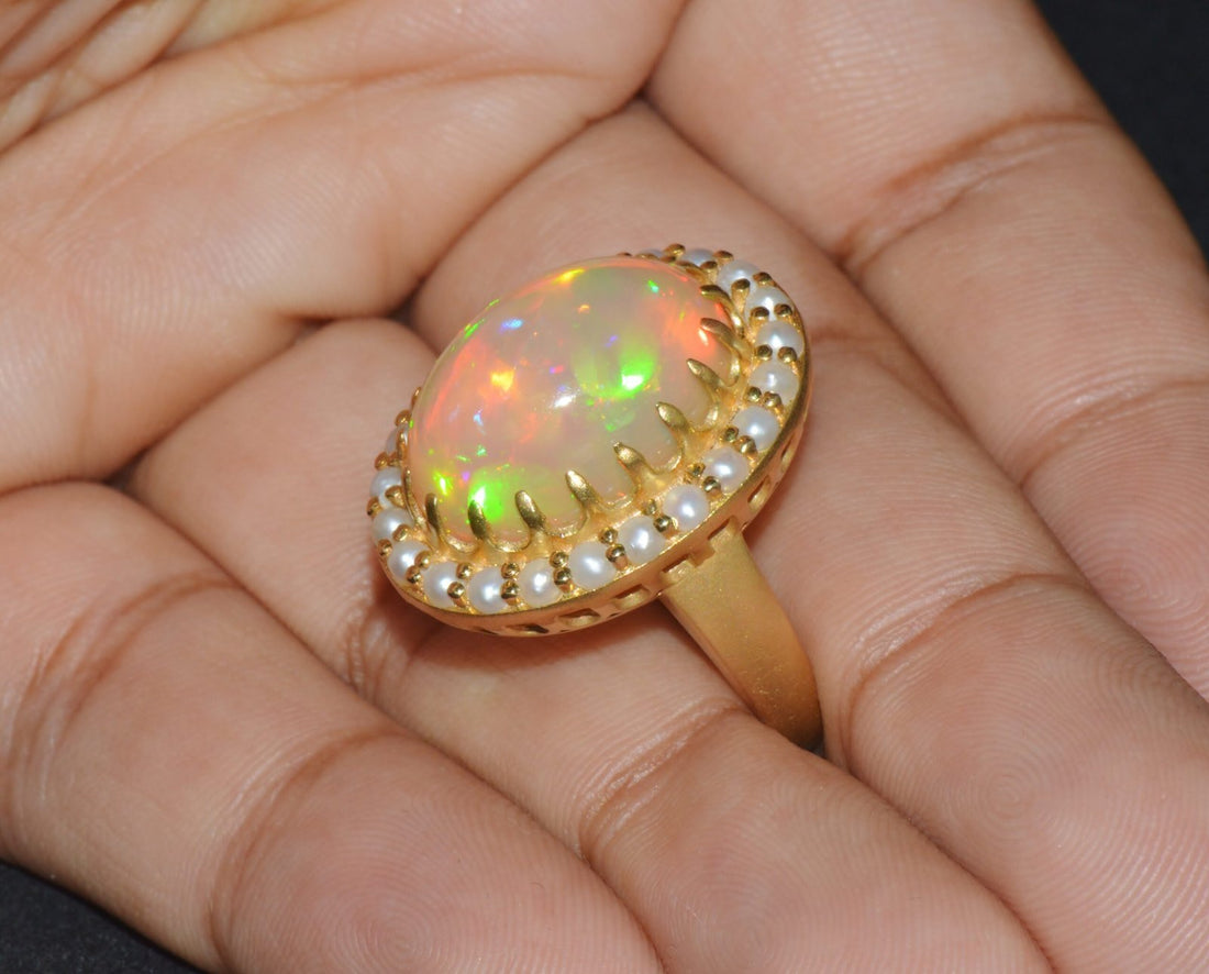 Certified Natural 13.78Cts Seed Pearl Opal Cocktail Halo Brushed 18K Solid Gold Ring
