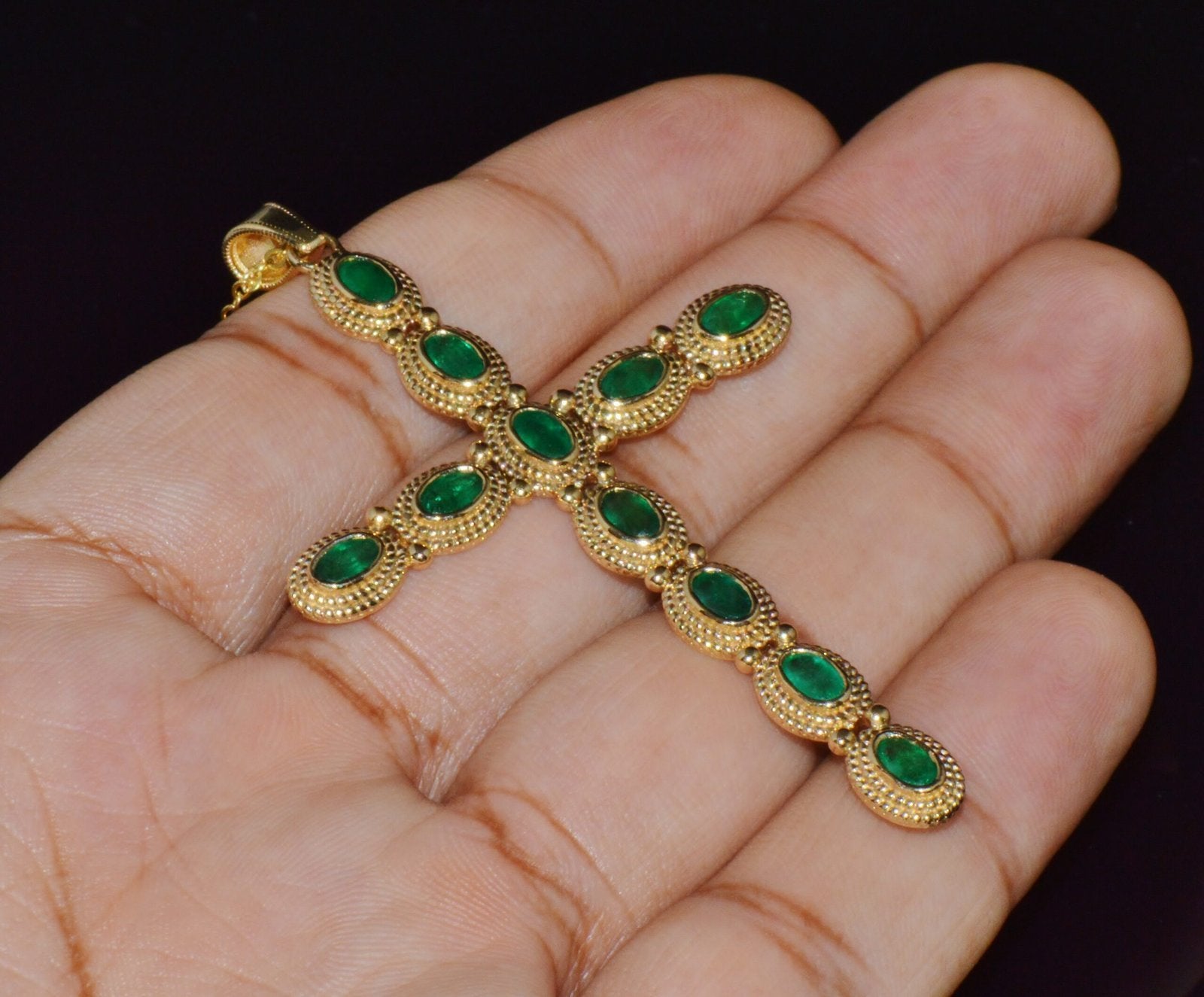 Certified Natural 2.78Cts Emerald 18K 750 Solid Gold Filigree Cross Byzantine Etruscan Pendant