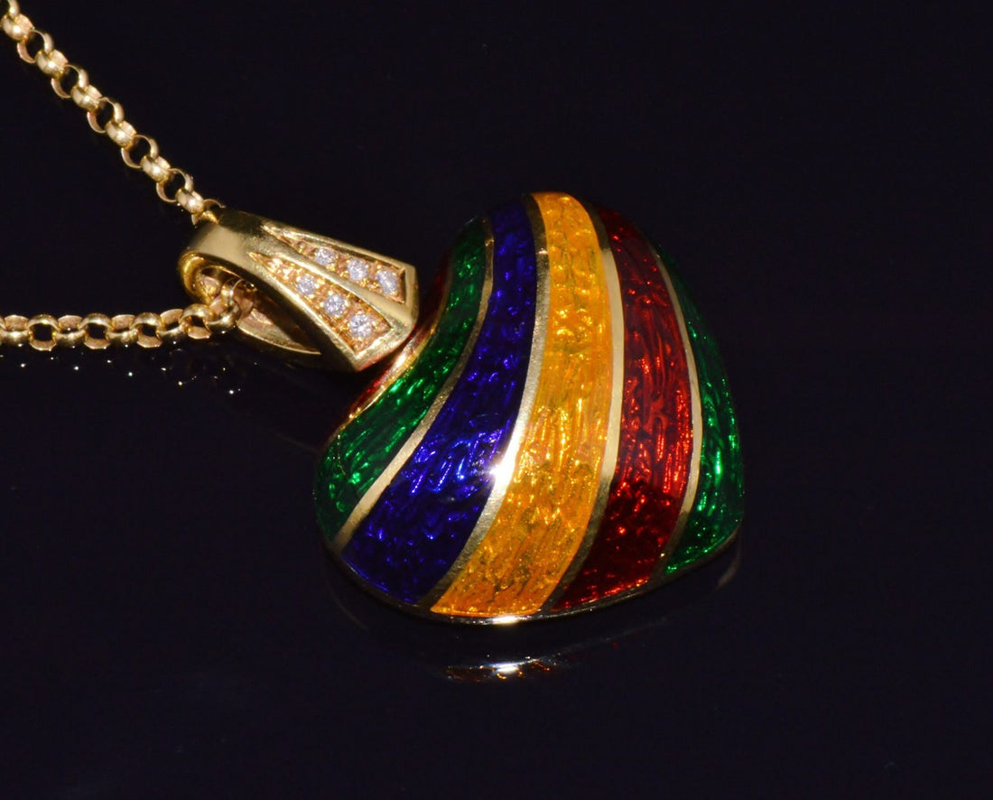 ITALIAN DESIGNER BARBERO & RICCI 18K SOLID GOLD DIAMOND ENAMEL HEART ENHANCER PENDANT CHARM