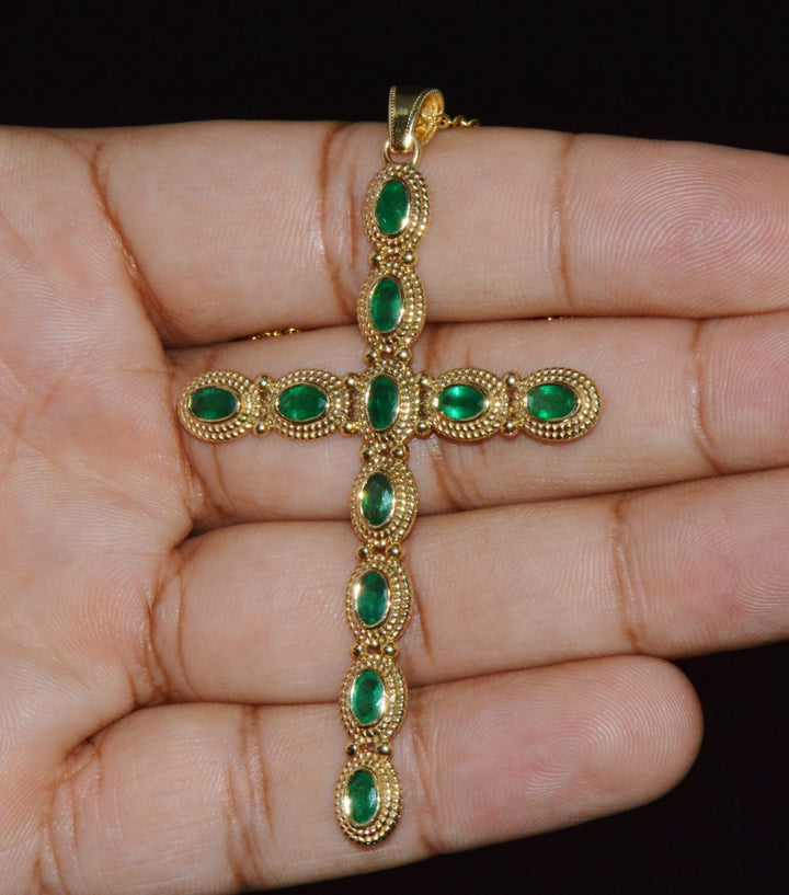 Certified Natural 2.78Cts Emerald 18K 750 Solid Gold Filigree Cross Byzantine Etruscan Pendant