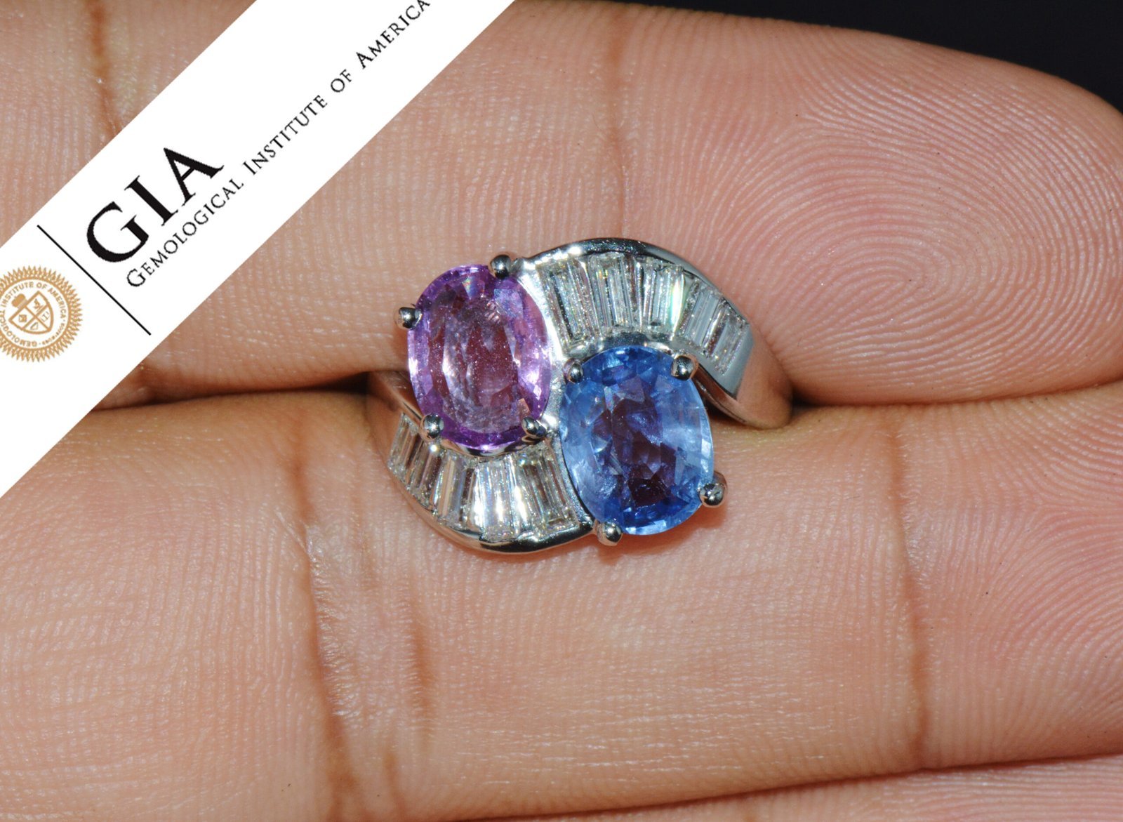 GIA Natural 6.24CTS VS F Diamond Blue And Pink Sapphire Platinum Bypass Ring Band