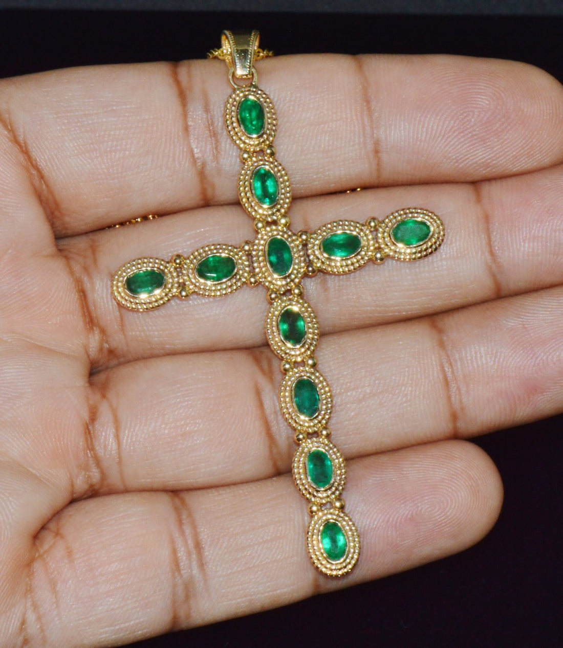 Certified Natural 2.78Cts Emerald 18K 750 Solid Gold Filigree Cross Byzantine Etruscan Pendant