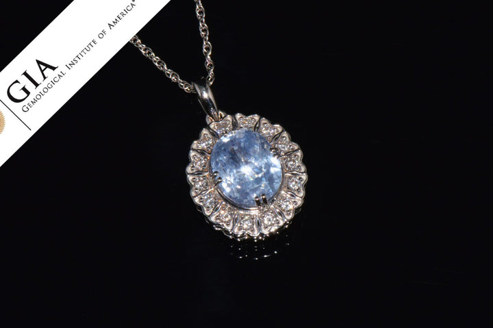 GIA Certified Natural 7.98CTS VS F Diamond Blue Sapphire 18K Solid Gold Slide Pendant Necklace