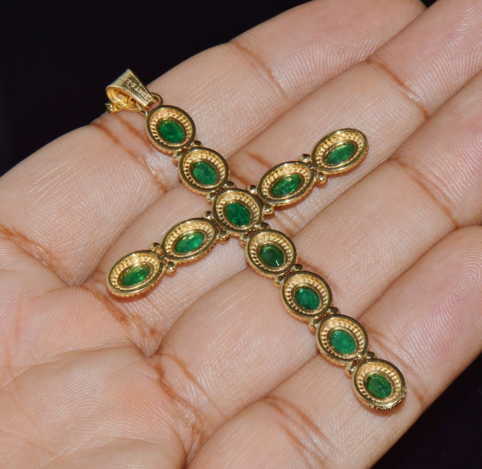 Certified Natural 2.78Cts Emerald 18K 750 Solid Gold Filigree Cross Byzantine Etruscan Pendant