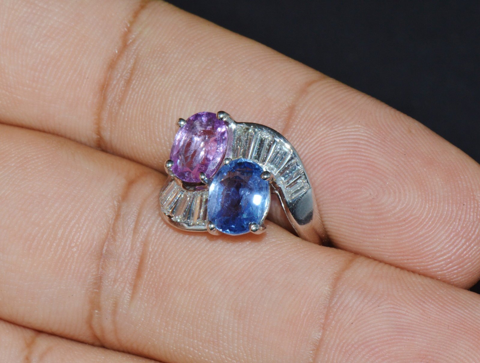 GIA Natural 6.24CTS VS F Diamond Blue And Pink Sapphire Platinum Bypass Ring Band